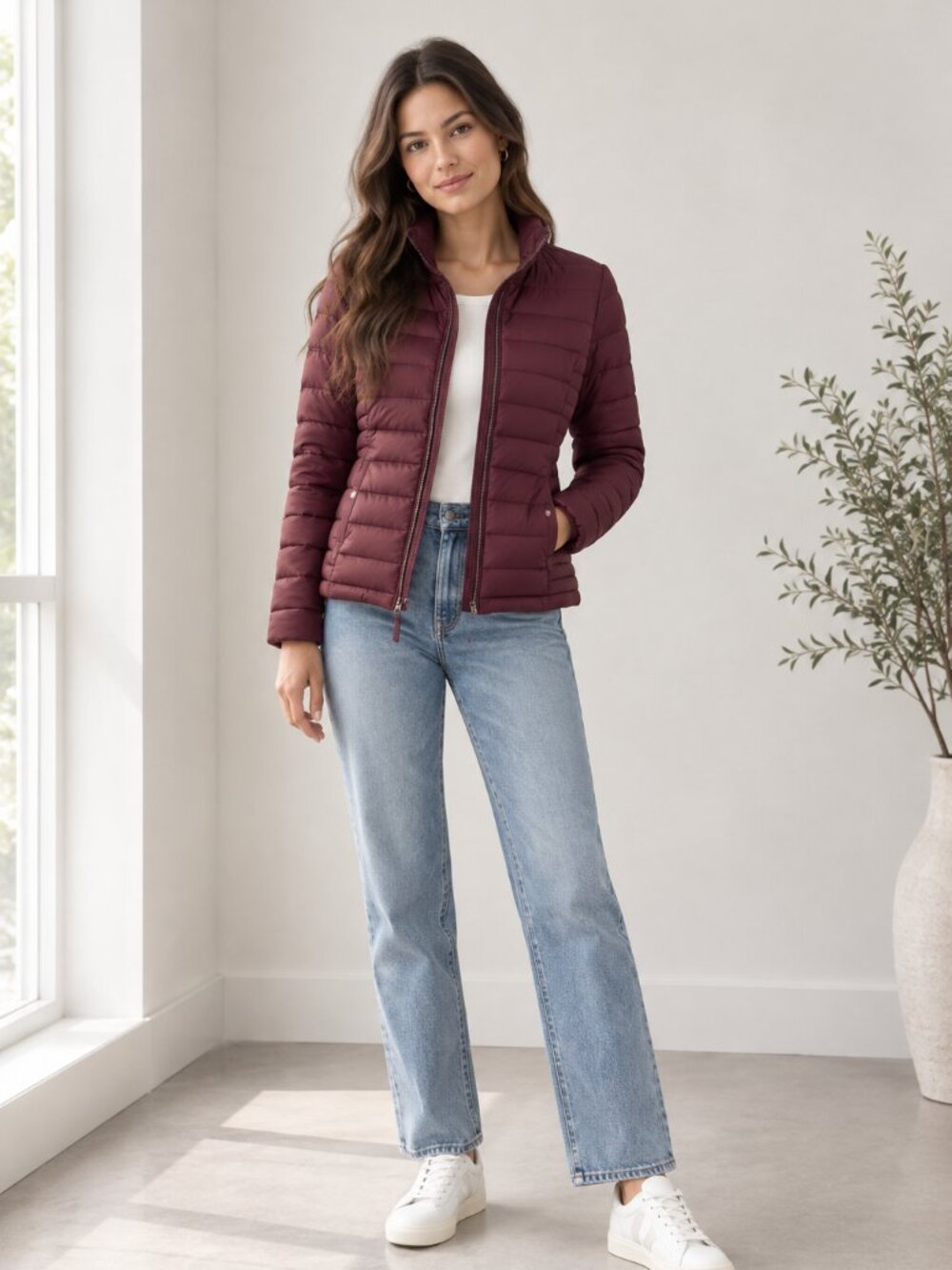 Abercrombie & Fitch Maroon Down Puffer Jacket Slim Fit Lightweight XS 0553